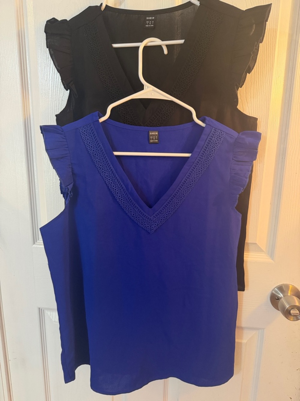 2 SHEIN V-Neck & Lace Trim Blouses -Black & Royal Blue -Size Sm